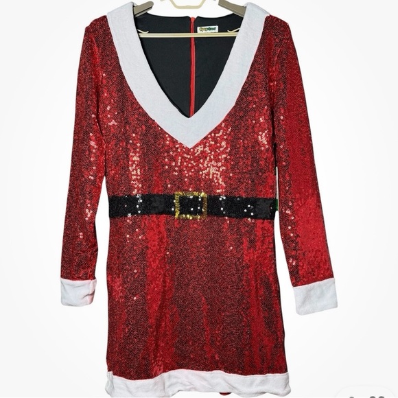 Tipsy Elves Santa Shift Dress Sequin Red White Trim Belted Christmas 1X NWT - Picture 3 of 12